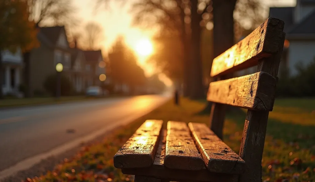 "A weathered wooden bench on a quiet suburban street during golden hour. The warm sunlight casts a soft glow over the surroundings, with trees, houses, and blurred streetlights in the background. The scene feels peaceful yet nostalgic, with a cinematic dep...