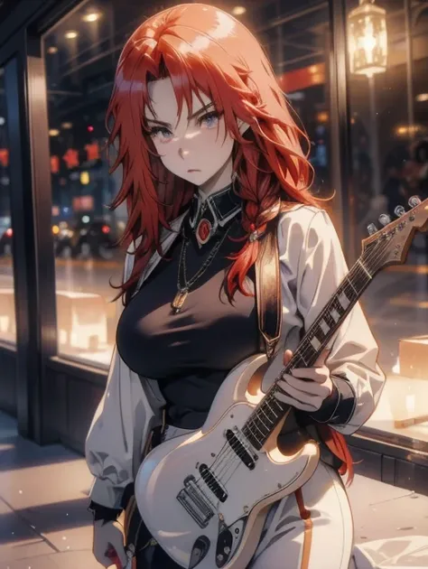 最high quality,  super fine, 16k, very detailed, 2.5D, delicate and dynamic, beautiful woman playing electric guitar, cool star shaped gold body guitar,最high quality, masterpiece. (Cinematic Digital Art: 1.3), high quality, masterpiece, 最high qualityの, Supe...