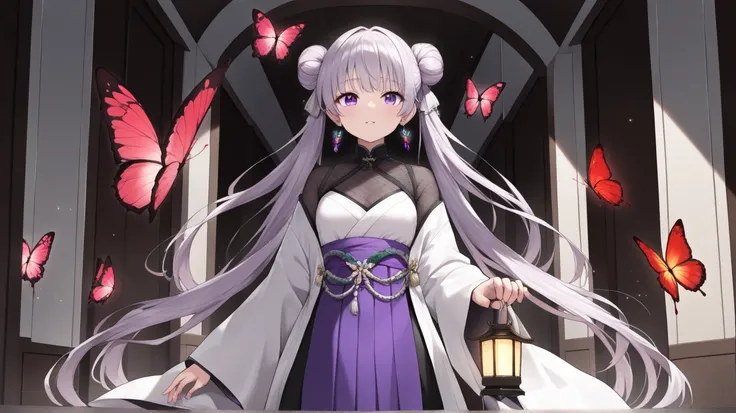 ((masterpiece, best quality, extremely detailed, absurdres, very aesthetic, amazing quality)), panorama, (1girl, solo, beautiful Bun-style twin tails, White and purple mesh hair, Like tiger stripes) BREAK Lantern earrings, the earrings are luminous, Women'...