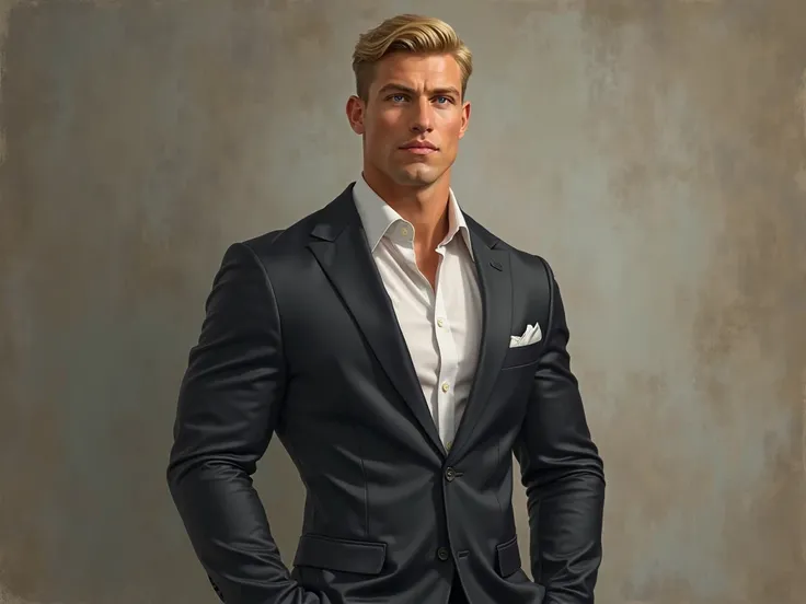 Portrait of a man with blond hair in a straight cut, blue eyes and muscular physique with upright posture. Your face is smooth , without a beard, and he wears well-fitting formal clothes.  The background must be neutral and sophisticated , complementing th...