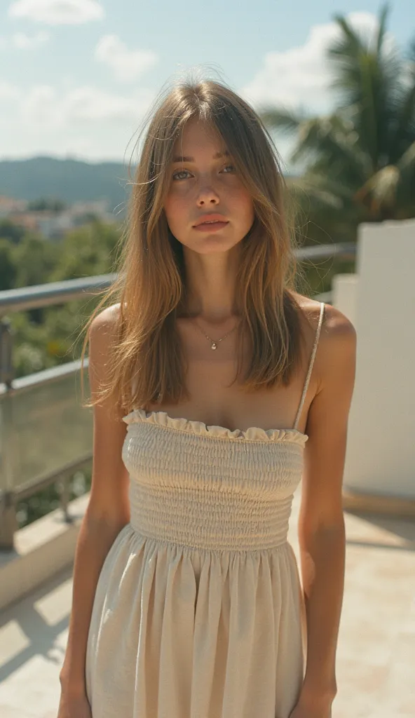 The image is a Self-portrait of 16 y.o Spanish girl with, Pale white skin, straight hair,Middle, With Summer dress on a terrace, Aitana taking a Self-portrait. (Self-portrait characteristics: grainy, low quality, Low lighting, blur, Kodak Portra 400, Kodak...