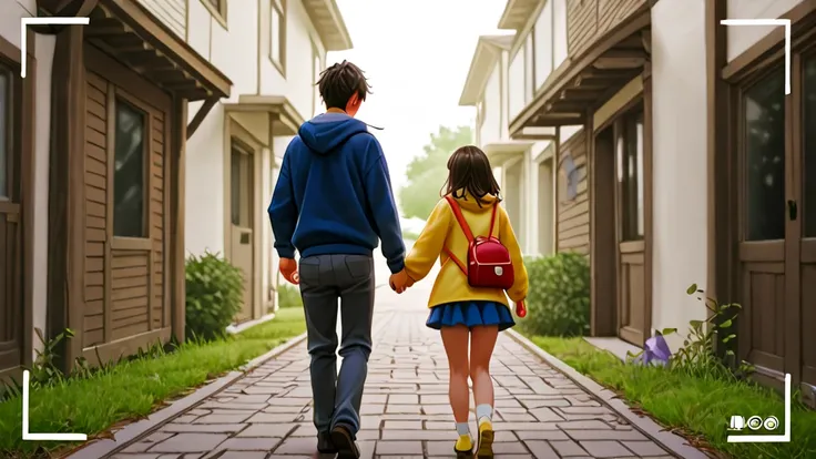 Scene of walking in the neighborhood of my house、boy and girl are hood friends and are still in kindergarten、Both of them are short ren、The clothes for the two are kindergarten ren's clothes、Rear view of a boy on the right and a girl on the left walking ha...