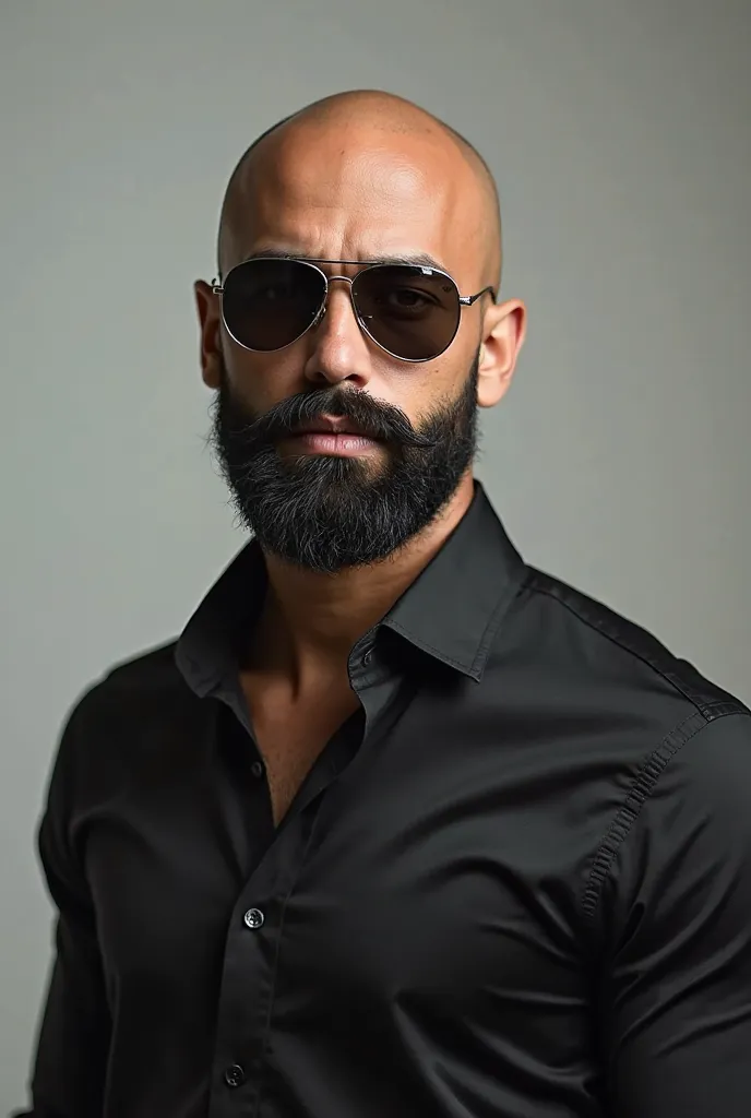  bald man, But young, with the black beard, Wearing aviator sunglasses and black dress shirt