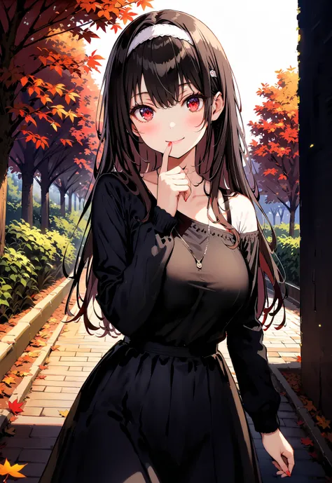  score_9,  score_8_up,  score_7_up,  source_anime, Uta ha Kasumigaoka,   black hair,  white headband ,  long hair, red eyes, Big Breasts,smile,blush,close your mouth,white one-shoulder sweater,Black long skirt, Bbo~,autumn leaves,autumn,Trail,Walking,noon,...