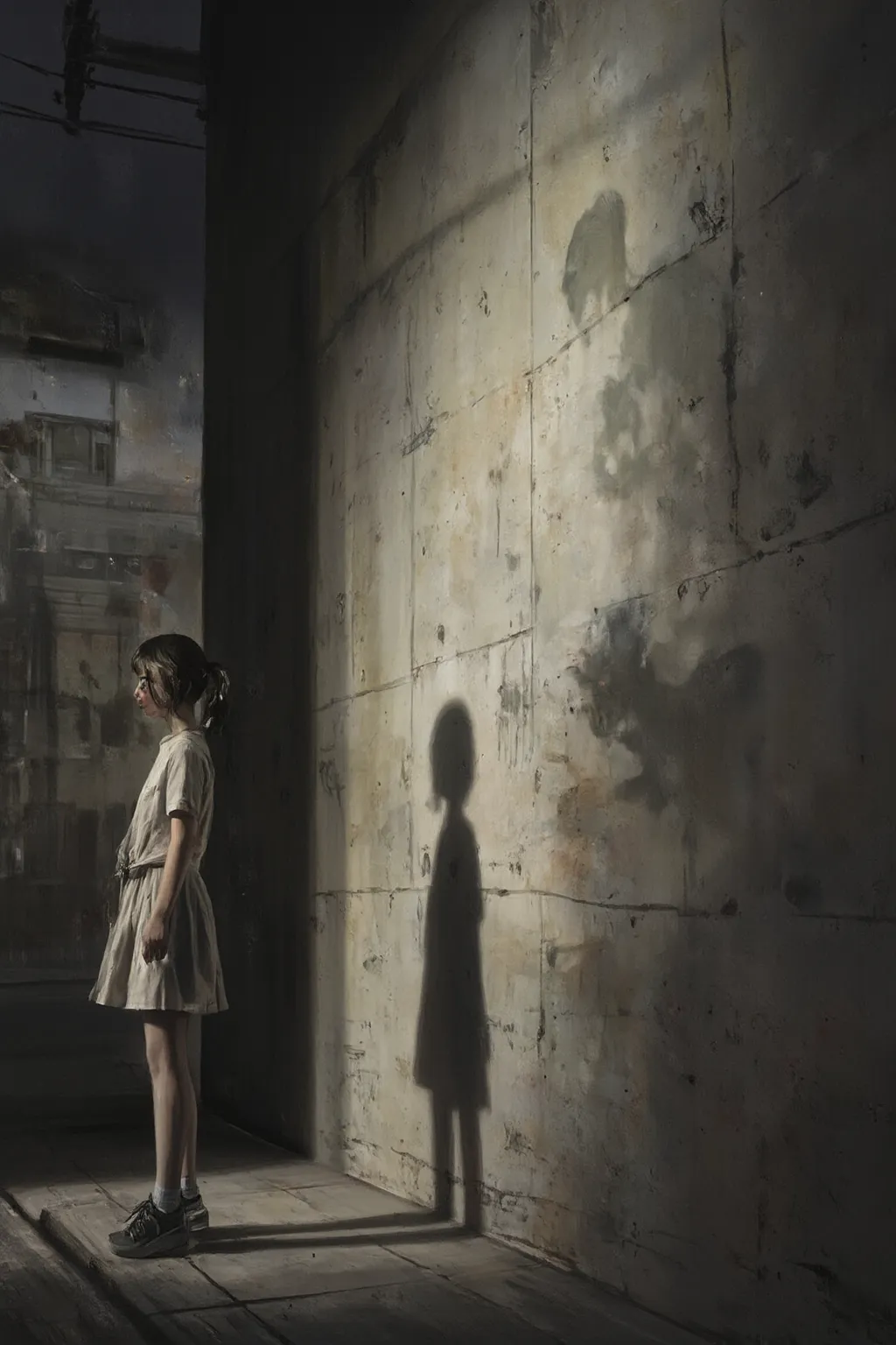 A creepy girl standing on a street corner staring at me and a shadow on the wall,Shadows異形の怪物に変化している,everyday life and horror,to create a sense of anxiety、place the person's shadow in a place with a strong contrast of light and dark in the center of the sc...