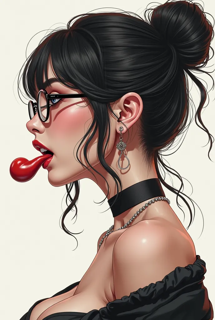 A female model with black long hair on a bun and a long beautiful neck. The model in draw in hentai style with a very lewd Ahegao face and glasses on her face. This a photo of the models bust including her well endowed bust. Please make the mouth wide open...