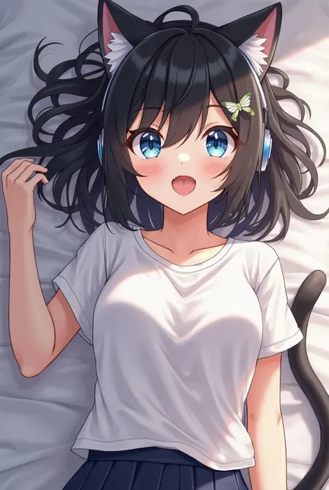 Cat girl with branchy black hair,  in a white t-shirt, blue eyes, medium height, looks at the viewer,open mouth, with the hair ornament , stick out your tongue,  headphones, top view, Breasts, Tooth, is lying on the bed, skirt, Black himself