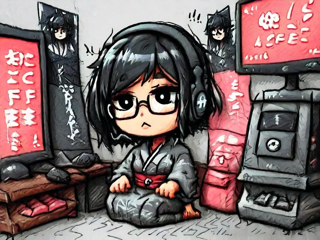 Adult Japanese female. Short, wavy black hair. Black eye color. Wears a dark grey Japanese kimono that reaches down to her ankles. Wears glasses. Wears a gaming headset. Streams PC games. Drawn in American comic book style. Deformed character. Cute. Backgr...