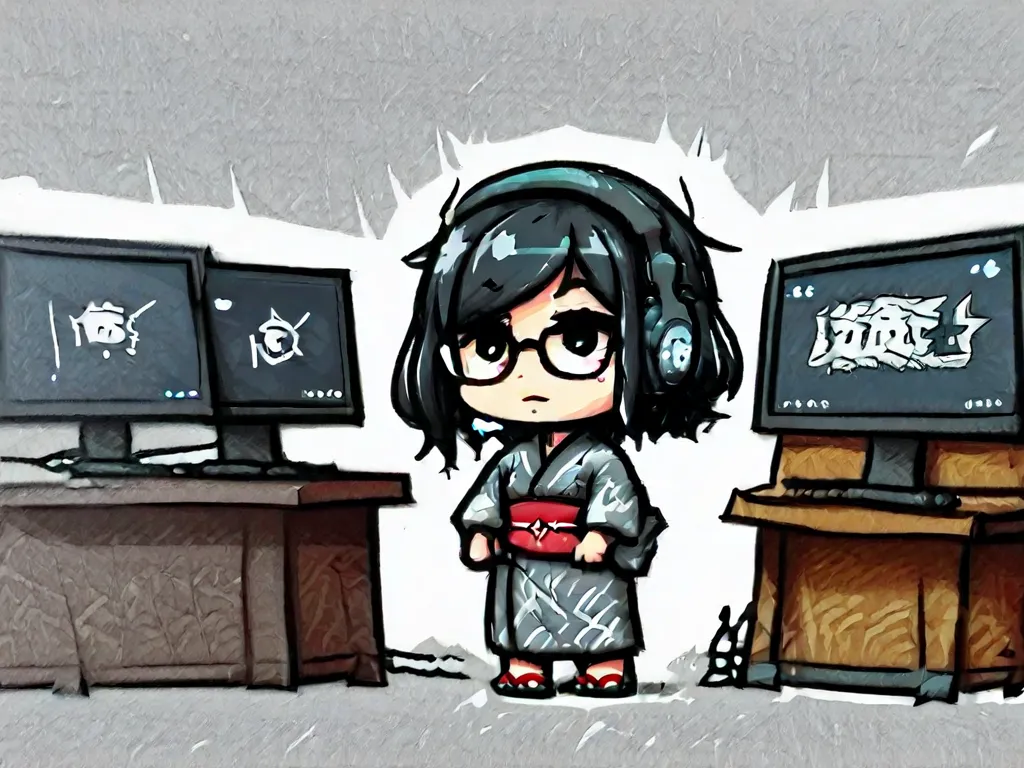 Adult Japanese female. Short, wavy black hair. Black eye color. Wears a dark grey Japanese kimono that reaches down to her ankles. Wears glasses. Wears a gaming headset. Streams PC games. Drawn in American comic book style. Deformed character. Cute. Backgr...