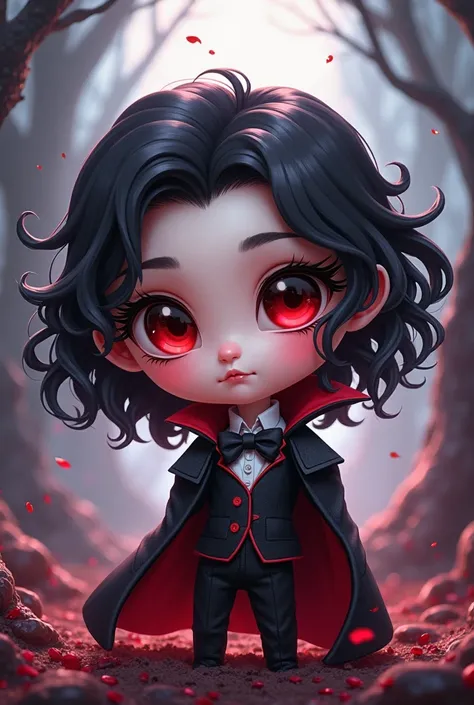 Give it to me with a chibi version of a vampire with black hair and curly eyes only chibis Red Eyes, 