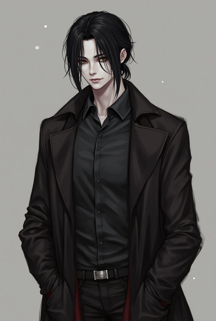 Gender: male Hair: Shoulder-length, inky black hair that he usually ties back in a loose ponytail or bun. A few strands always escape to frame his face.
	•	Eyes: Deep, almost-black brown with eerie silver flecks, like moonlight on a grave.
	•	Skin: Very pa...