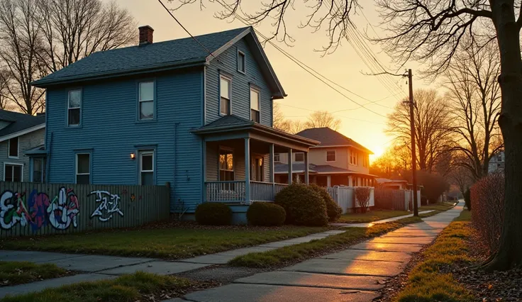 "A peaceful suburban house with blue wooden siding and a classic front porch, set against a golden sunset. The house has a slightly aged look, with graffiti on the side fence, overgrown bushes, and a cracked sidewalk leading to the entrance. The warm glow ...