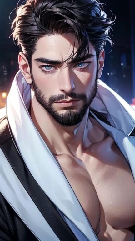 (    arrogant  ,4K,8k,     highres,  masterpiece:1.2),     ultra-detailed,(Realistic,photoRealistic,photo-Realistic:1.37),36-year-old man,3 day beard,cute anime ,Portraits,strong,masculine,     dark hair,sharp jaw,          mesmerizing eyes          ,     ...