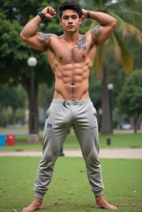 Male Latino Mexican male cholo hairy young man of  muscular athletic with shoulders, back pectorals and big legs, with arms up standing in the park flexing muscles wearing wet gray jogger with a marked bulge hard and large erect  . Photo realista 4k 