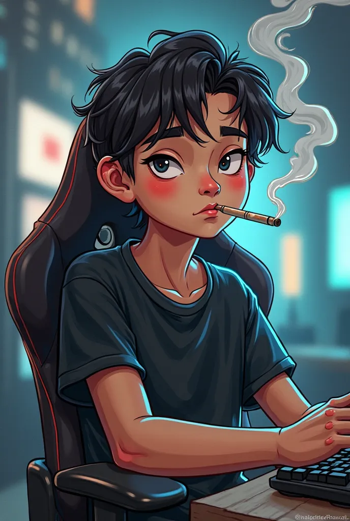 Karikatur 4D, a boy is sitting in a gaming chair looking at the camera while smoking wearing a black shirt and in the background of youtube studio, 4D, detail, hippersialist,  ink sweeps 