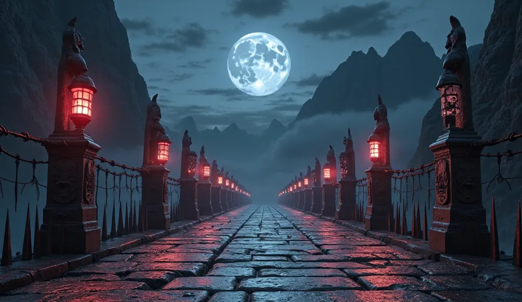 A dark, night scene at the top of a bridge suspended between steep mountains. The floor is a walkway of grayish reddish stone, supported by enormous pillars decorated with demonic faces carved into the rock. On the sides, sharp metal spikes protrude, refle...