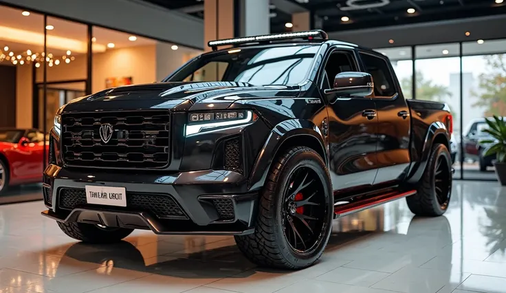 *"A highly detailed, ultra-realistic Hammer H2  Pick up truck with a custom widebody kit, large black alloy wheels, and an aggressive aerodynamic design. The car has a glossy metallic  black color scheme, reflecting the ambient showroom lighting. The front...