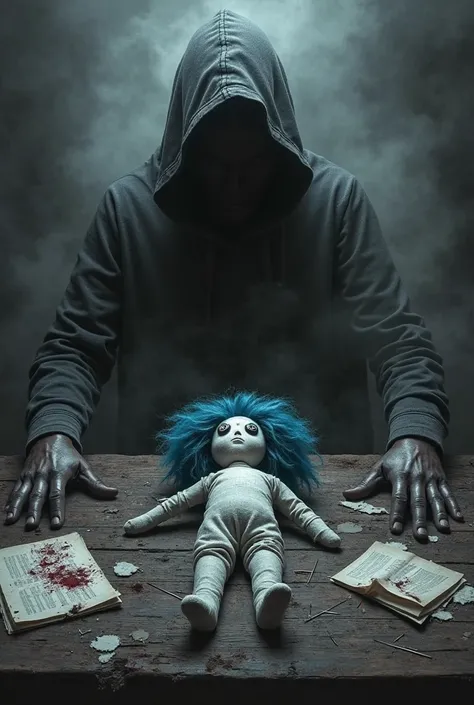 A cover for a psychological and supernatural horror book,  in black and white, that emits a dark and gloomy energy. In the center there is a voodoo rag doll with blue wool hair and buttons in its eyes that rests on a wooden table full of needles, blood and...