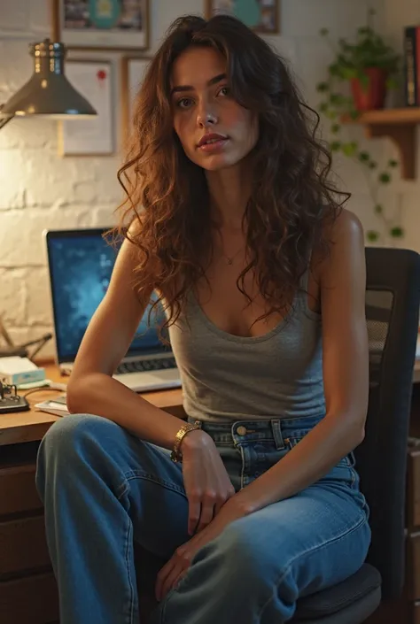 girl in jeans sitting at her desk OPEN LEGS , brunette long curly hair