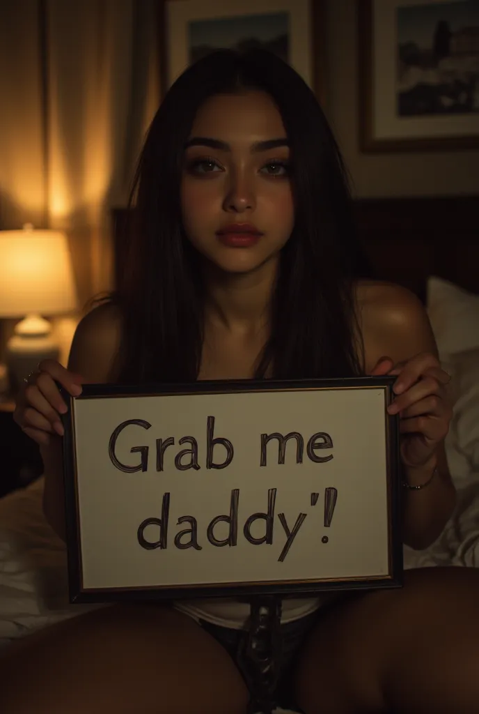 Beautiful deep and captivating eyes ,  late,  cozy and attractive bedroom at night  , 4K photography_PDXL y (( holding a sign with the text  "Grab me daddy ")), (( Text on the sign  "Grab me daddy ")),