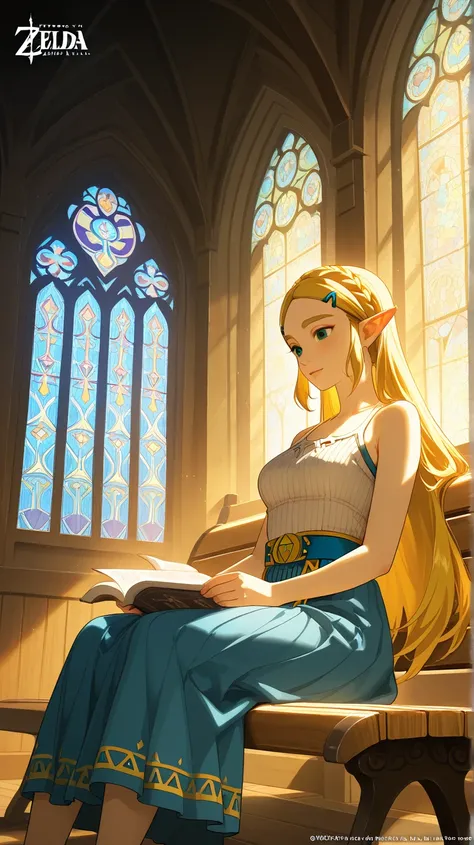 Princess Zelda in the real world as a faithful religious from an evangelical church in Brazil reading the Bible wearing a white ribbed tank top , skirt,  sitting on a church bench  