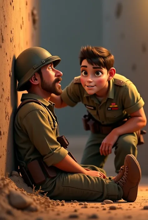 "Create two characters in Disney-style 3D animation: Character 1: Soldier - Age: 28 - Eye color: Brown - Hair color: Brown - No beard and face dirty with dust and blood - Attire: Wear a helmet - Condition: Severely injured, bleeding profusely, breathing wi...