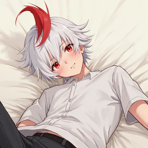  Kaedehara Kazuha (man) anime drawings , White hair, red tuft of hair down, Bright red eyes, Wearing a casual outfit lying on the floor