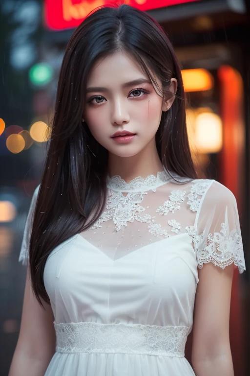 (( top quality , 8k,  lace maxi dress standing in the rain, In the Rain, Red Light District,   Highly Detailed Face and Skin Textures  ,   detail eyes,  double eyelid .)