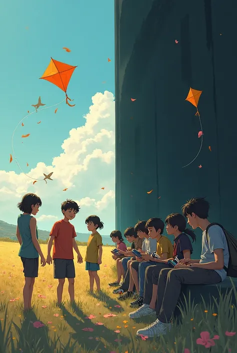 A group of young people are flying kites catching fish in a field where paradise is playing and a group of ren are holding electronics playing in a dark place and comparing them