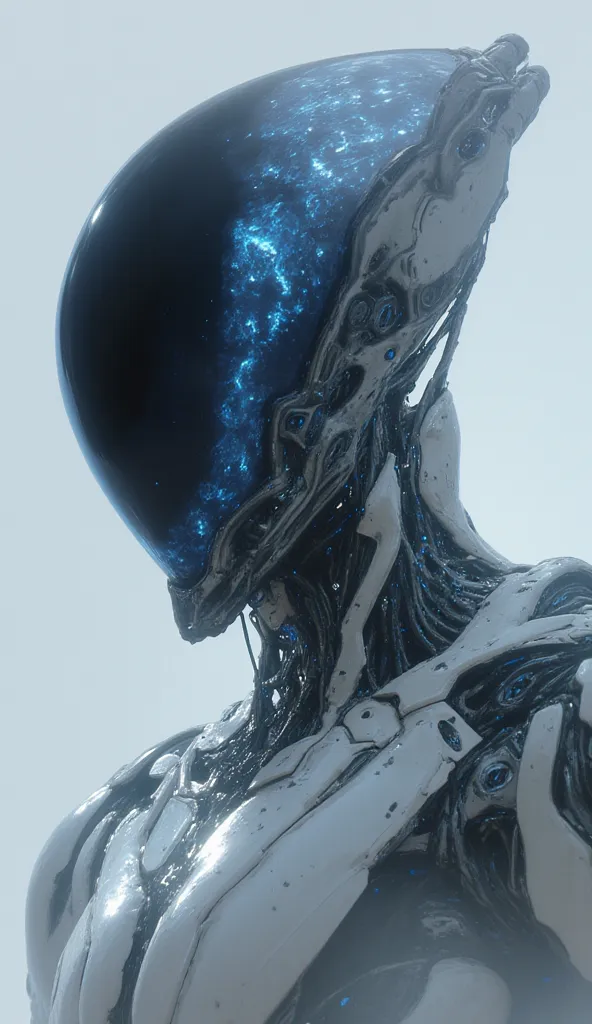 Giant ennormous Cybernetic mecha, mechanical robot, light skin, with a dark translucent, dark blue-black, plastic-like hexagonal helmet covering mecha head and shoulders, creating a futuristic and almost armored aesthetic. The helmet curves over mecha head...