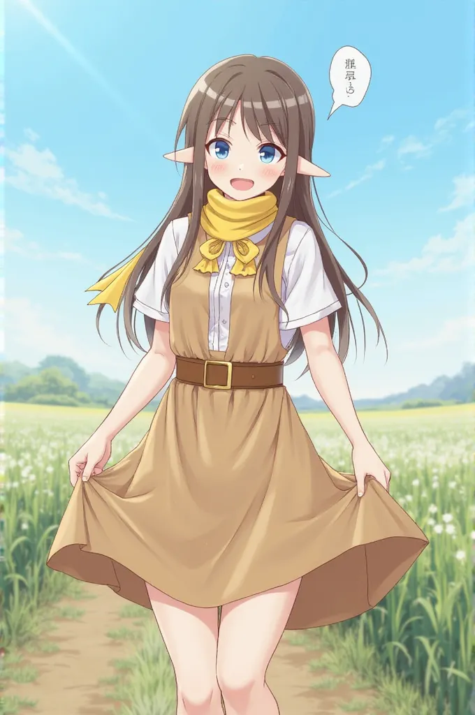 masterpiece, The best quality, 1 girl, Alone ,  mal0n, Brown hair,  long hair, Pointy Ears, blue eyes, yellow scarf, Golden brooch,  white shirt, short sleeves, brown belt,  knee-length skirt ,  address,  brown apron , upper body, mirando al espectador,  s...