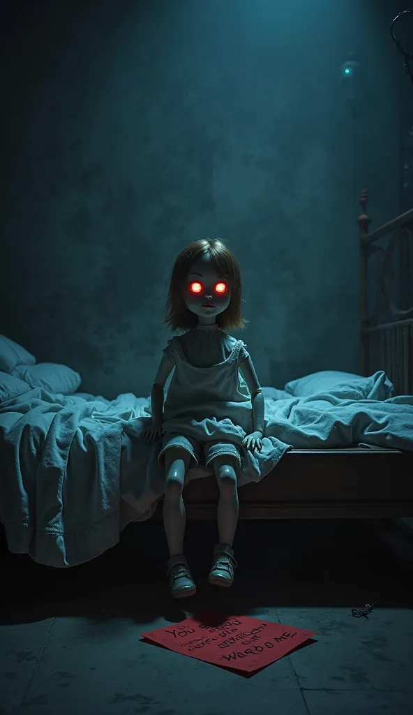 Gloomy scene in a bedroom at night,  illuminated by a faint light . An antique doll sits on the edge of the bed, with glass eyes glowing in the dark.  on the ground, a red note reads: 'You should never have woken me.'Cool shades of blue and grey create a s...