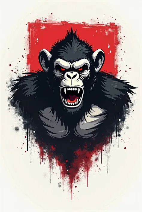 Create a logo in the shape of a brutal monkey. "1Syllable" Translucent background with black and red accents