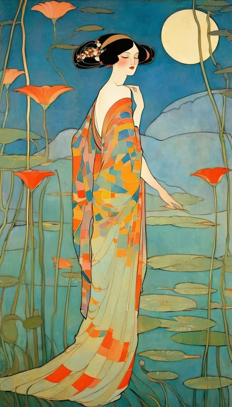 Wonderful,  elegant woman 　 Gustav Klimt :  art nouveau style, George Barbier : art deco style, Paul Klee:  Abstract Style , ,beautiful Japanese woman,