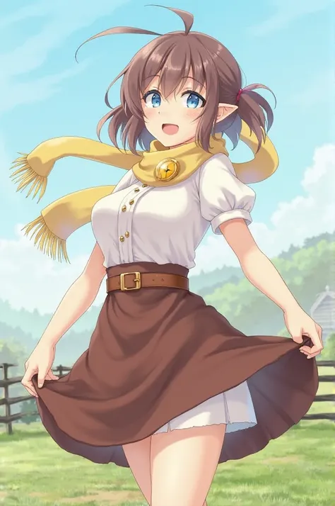 masterpiece, The best quality, 1 girl, Alone ,  mal0n, Brown hair,  long hair, Pointy Ears, blue eyes, yellow scarf, Golden brooch,  white shirt, short sleeves, brown belt,  knee-length skirt ,  address,  brown apron , upper body, mirando al espectador,  s...