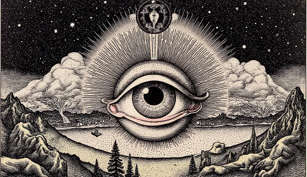  a painting of an eye with a mountain in the background, All-seeing eye,  psychedelic cosmic horror , visões do third eye, 3rd eye ,  por Hiroshi Nagai, third eye, , (  ), paul laffoley , mystical third eye, supernatural visuals, psychedelic illustration, ...