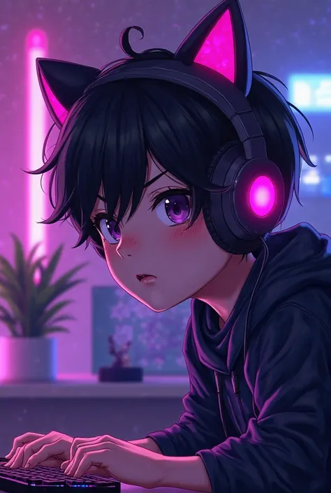 18-year-old boy playing live gamer, Pc gamer, leds neon roxo,  headphone with cat ears , black hair, purple neon lights , Futuristic gamer room, Anime character, Purple game themes, Annoyed expression, Western male 