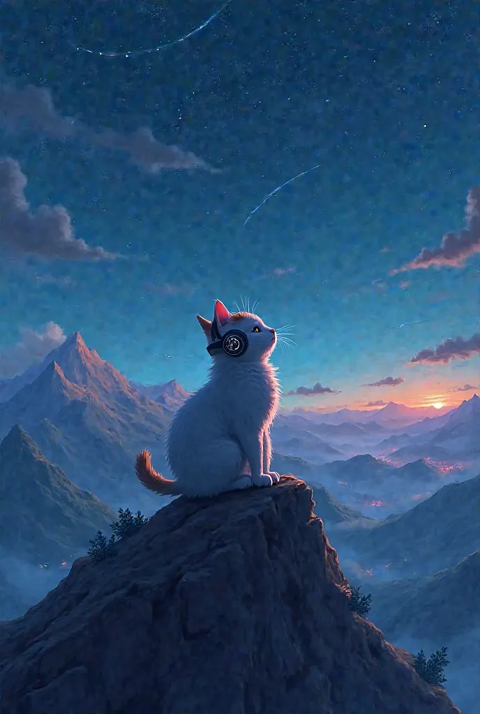 A cat standing on top of a mountain listening to music with a headset, On a starry night.