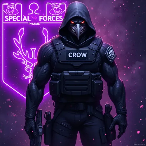 Special forces emblem. Include a muscular spec ops Crow. Include the name "MAB" on a special forces patch on uniform. Include the name "Crow" on armor. Mean look on his face. Sinister, smug smirk. Glowing purple light, steel, badass crow soldier, Spec Ops ...