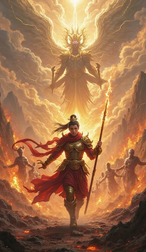 A breathtaking scene of Nezha, the legendary Chinese deity, leading the charge in a colossal battle between gods and demons. Nezha stands at the forefront, his iconic red scarf billowing dramatically in the wind, and his golden armor gleaming under the cha...