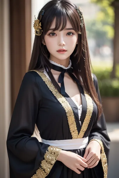  best quality , ( photorealistic:1.2),  1 girl, Alone,  detailed color,  focus on face ,  standing,  black hair,( hair ornament :1.35),OL,  ribbon trimming sleeve ,  detachable sleeves , Ribbon trim,  wide sleeve, ( viewers:1.5)  long hair,  ブラックアイズ, bangs...