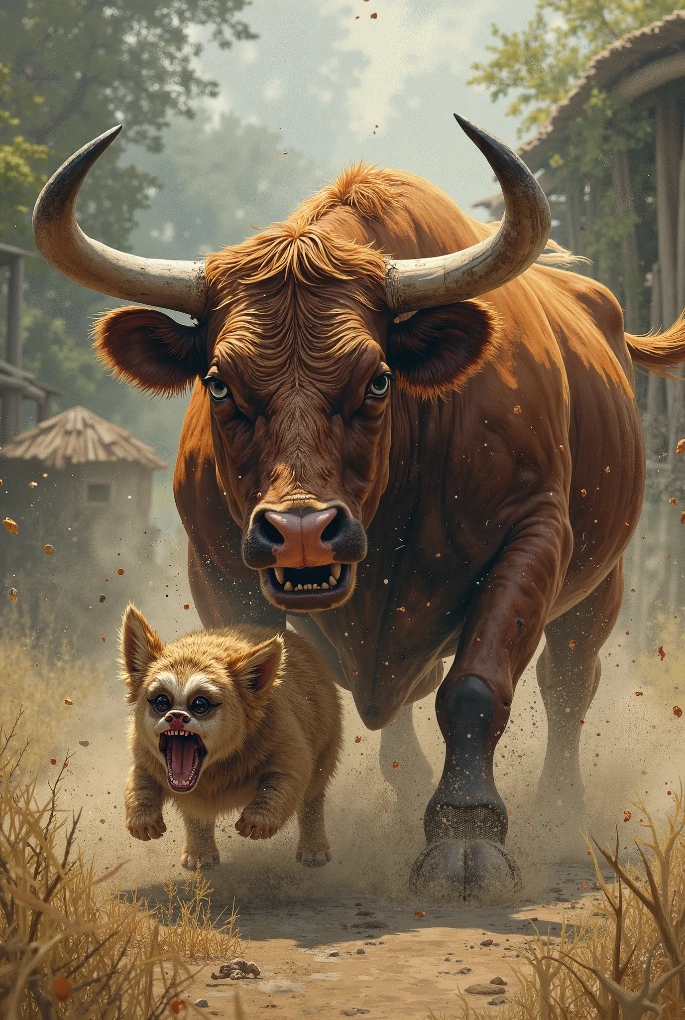 A cow chased a dog very brutally