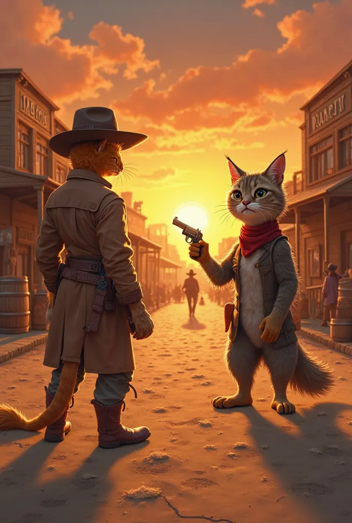 "In a dusty Wild West town called Cactus Gulch, an orange cowboy cat with sharp eyes faces off against a scarred, grizzled coyote in the middle of the main street. The setting sun paints the sky with shades of orange and red, casting long shadows over the ...