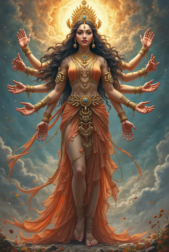 Crowned Goddess-Gayatri-with-Five-Heads-and-Ten-Hands standing full body 