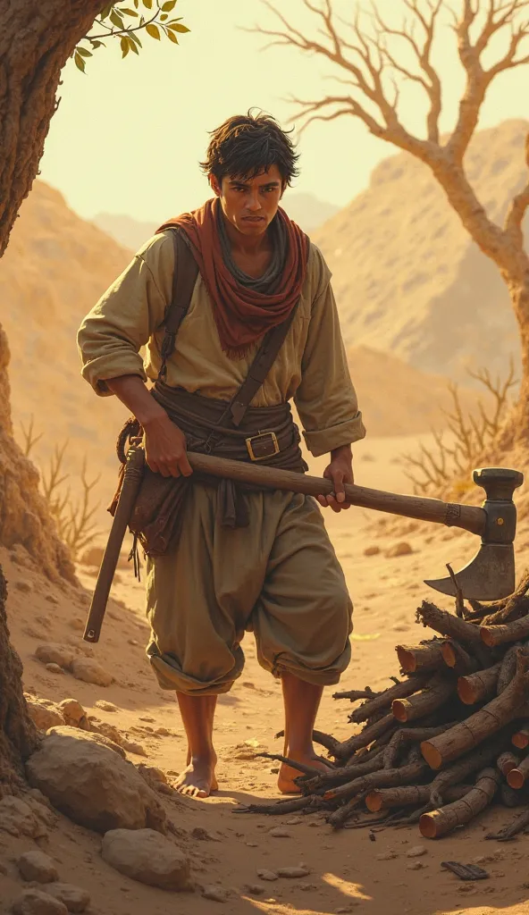 The once-poor young man, now dressed in slightly better clothes, wields a simple axe while chopping wood in a dry, desert-like forest. His face shows determination and gratitude. The sun casts a warm glow on the scene, emphasizing the hardworking spirit of...