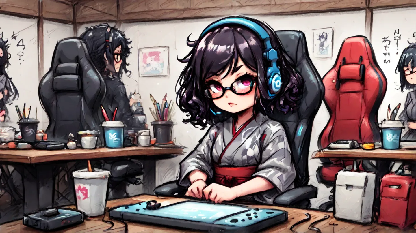 An adult Japanese woman. She has semi-short, black curly hair. She wears glasses and a dark red and dark gray kimono. She is wearing a gaming headset, sitting in a gaming chair, and broadcasting her PC gameplay. She has finally completed a game that she ha...