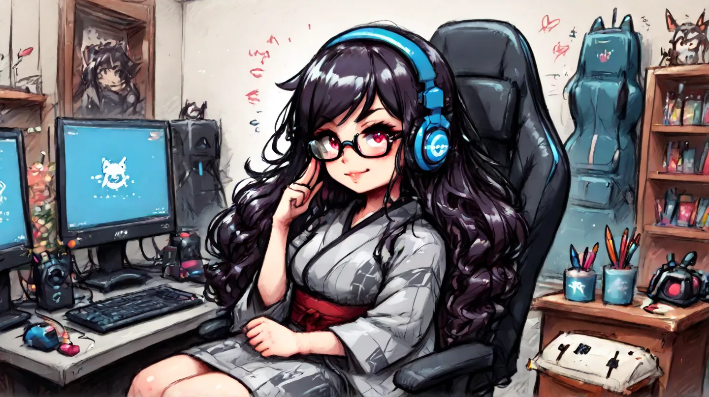 An adult Japanese woman. She has semi-short, black curly hair. She wears glasses and a dark red and dark gray kimono. She is wearing a gaming headset, sitting in a gaming chair, and broadcasting her PC gameplay. She has finally completed a game that she ha...