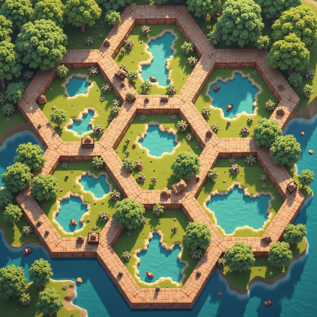 A board game board with clearly visible hexagonal cells, shown in a completely flat perspective (2d) from above, that gives the feeling of a large playing field. . Each hexagon is surrounded by stones or tiles that delimit the sections, as if they were pat...