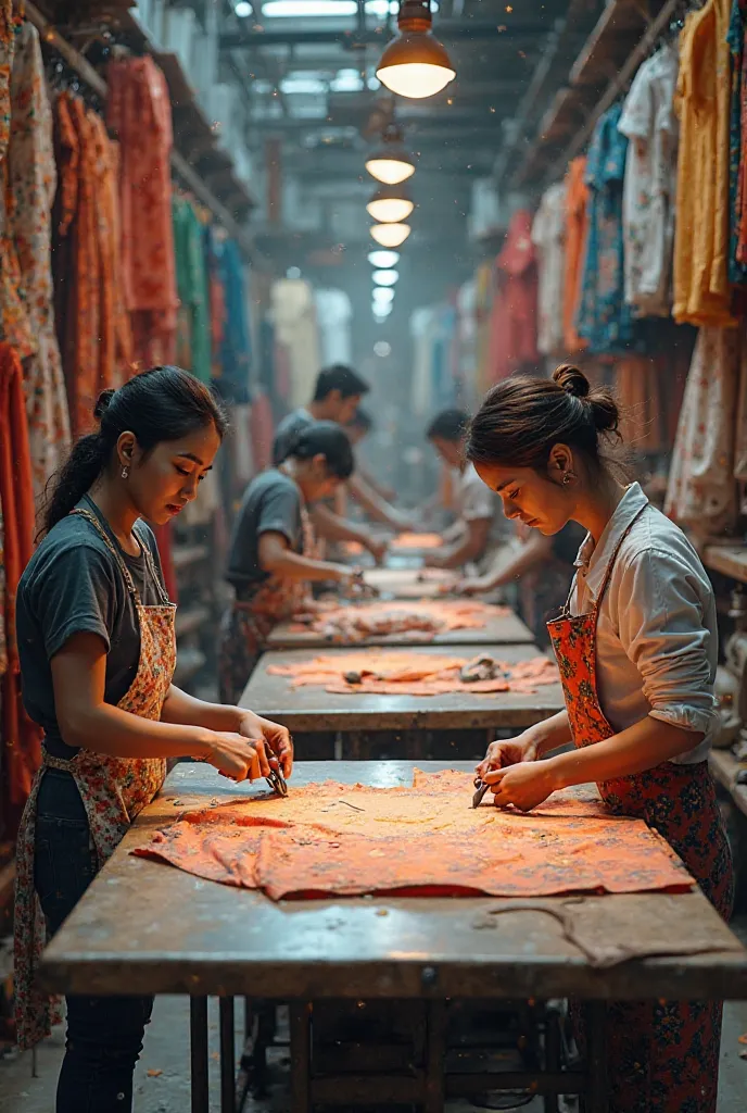 Image of a textile cutting workshop with 2 tables cutting a line

