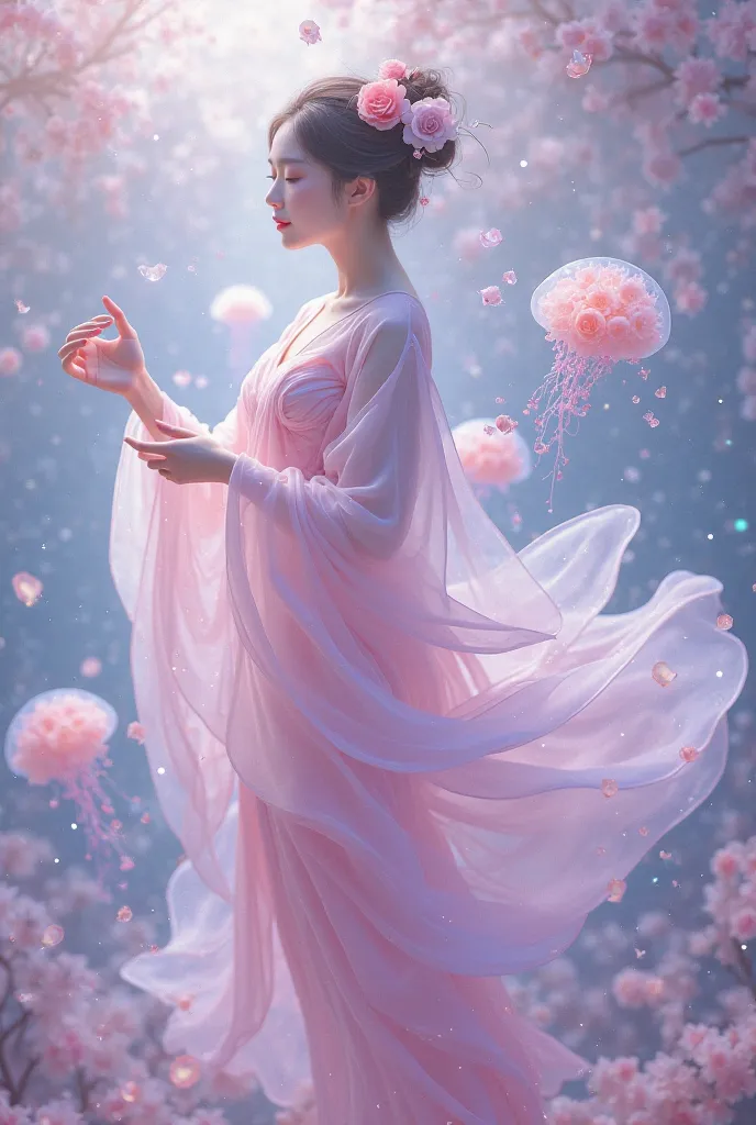 Generate image of a princess flower jellyfish goddess style hanfu. Baby pink-lavender color